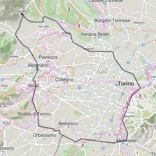Mapa miniatúra "Známky Turína a okolia" cyklistická inšpirácia v Piemonte, Italy. Vygenerované cyklistickým plánovačom trás Tarmacs.app