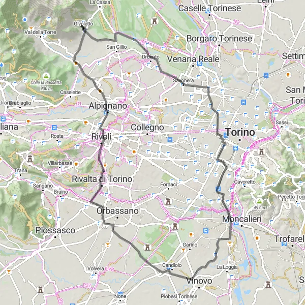 Karttaminiaatyyri "Kulttuurimatka Turinon ympäristöön" pyöräilyinspiraatiosta alueella Piemonte, Italy. Luotu Tarmacs.app pyöräilyreittisuunnittelijalla