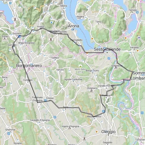 Miniatura della mappa di ispirazione al ciclismo "Tra le colline di Golasecca e Fontaneto d'Agogna" nella regione di Piemonte, Italy. Generata da Tarmacs.app, pianificatore di rotte ciclistiche