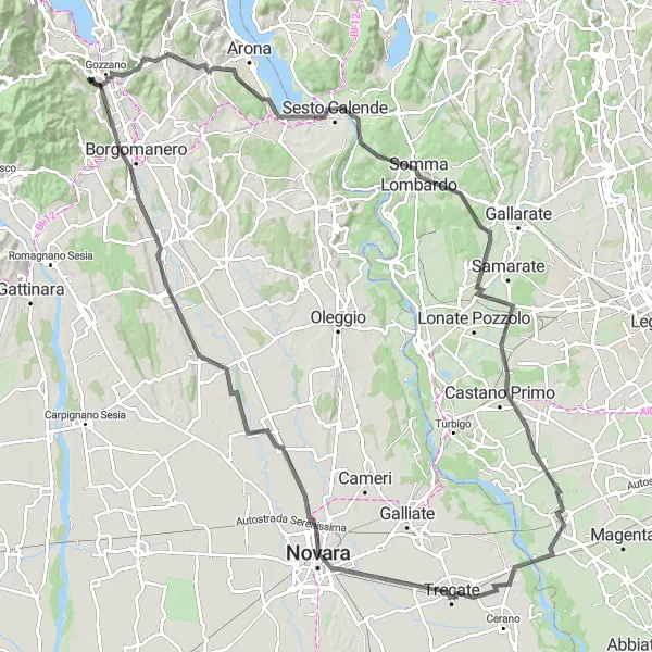 Miniatura della mappa di ispirazione al ciclismo "Tour in bicicletta da Gozzano a Piovino" nella regione di Piemonte, Italy. Generata da Tarmacs.app, pianificatore di rotte ciclistiche