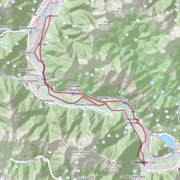 Zemljevid v pomanjšavi "Gravel Tour Anzola d'Ossola - Cuzzego - Vogogna - Gravellona Toce" kolesarske inspiracije v Piemonte, Italy. Generirano z načrtovalcem kolesarskih poti Tarmacs.app