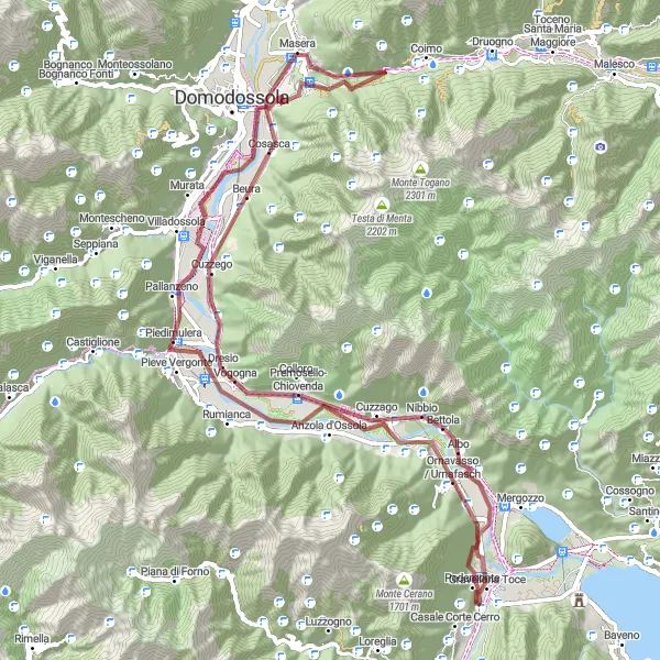 Map miniature of "Gravel Adventure through Valleys" cycling inspiration in Piemonte, Italy. Generated by Tarmacs.app cycling route planner
