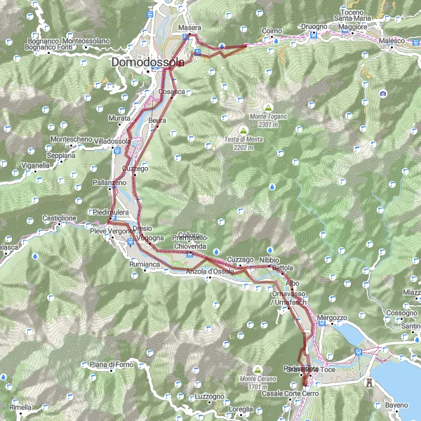 Miniatura della mappa di ispirazione al ciclismo "Sfida in bicicletta gravel da Gravellona Toce a Piedimulera e Vogogna" nella regione di Piemonte, Italy. Generata da Tarmacs.app, pianificatore di rotte ciclistiche