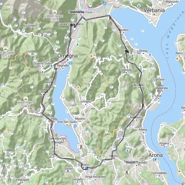 Mapa miniatúra "Road Route Poggio Molla - Casale Corte Cerro" cyklistická inšpirácia v Piemonte, Italy. Vygenerované cyklistickým plánovačom trás Tarmacs.app