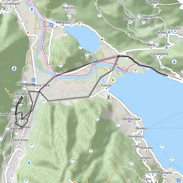 Miniatura della mappa di ispirazione al ciclismo "Corsa su strada da Gravellona Toce a Mont'Orfano e Casale Corte Cerro" nella regione di Piemonte, Italy. Generata da Tarmacs.app, pianificatore di rotte ciclistiche