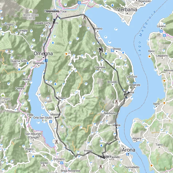 Miniatuurkaart van de fietsinspiratie "Lago Maggiore en de Borromeo-standbeelden" in Piemonte, Italy. Gemaakt door de Tarmacs.app fietsrouteplanner