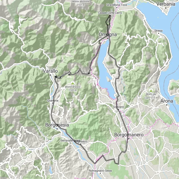 Miniatua del mapa de inspiración ciclista "Vuelta al Lago d'Orta y Passo della Colma" en Piemonte, Italy. Generado por Tarmacs.app planificador de rutas ciclistas