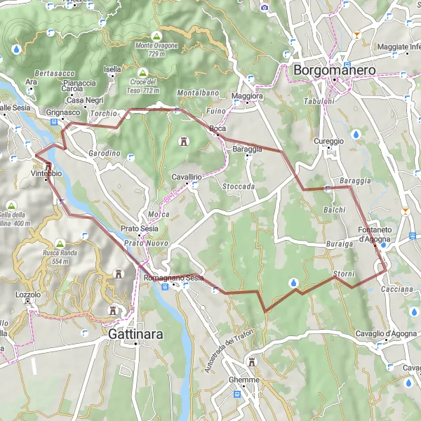 Mapa miniatúra "Jazda po pamätihodnostiach Grignasca" cyklistická inšpirácia v Piemonte, Italy. Vygenerované cyklistickým plánovačom trás Tarmacs.app