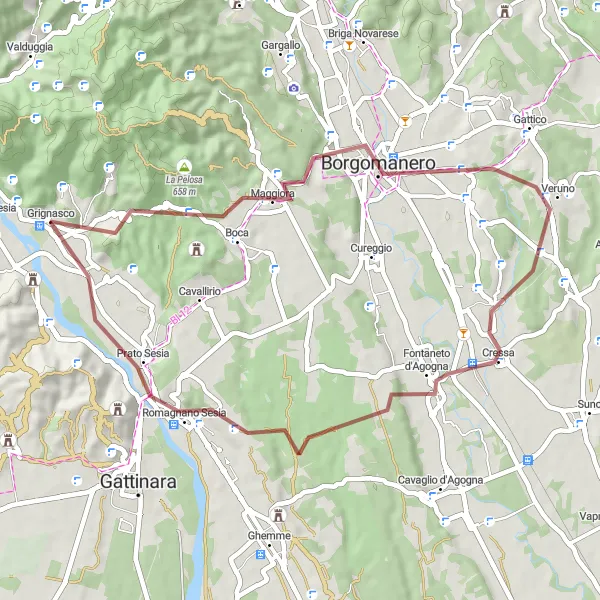 Miniaturekort af cykelinspirationen "Gruscykelrute til Montalbano og Grignasco" i Piemonte, Italy. Genereret af Tarmacs.app cykelruteplanlægger