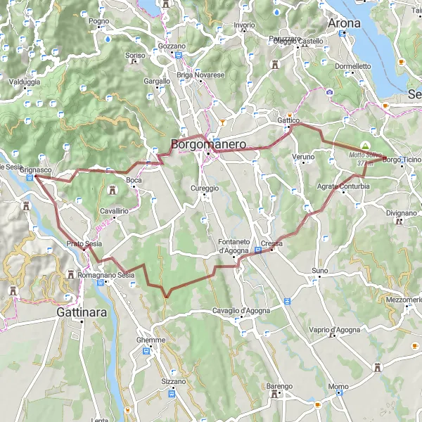 Miniatura della mappa di ispirazione al ciclismo "Tour gravel tra Montalbano e Prato Sesia" nella regione di Piemonte, Italy. Generata da Tarmacs.app, pianificatore di rotte ciclistiche