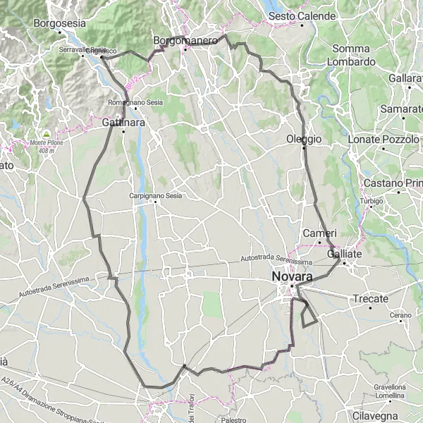 Miniaturekort af cykelinspirationen "Historisk tur til Castello di Rovasenda og Gattinara" i Piemonte, Italy. Genereret af Tarmacs.app cykelruteplanlægger
