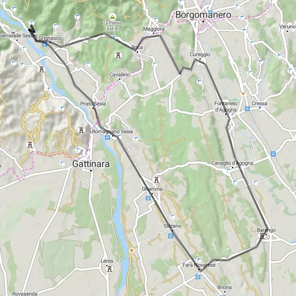 Miniaturní mapa "Krátká cyklotrasa kolem Grignasca" inspirace pro cyklisty v oblasti Piemonte, Italy. Vytvořeno pomocí plánovače tras Tarmacs.app