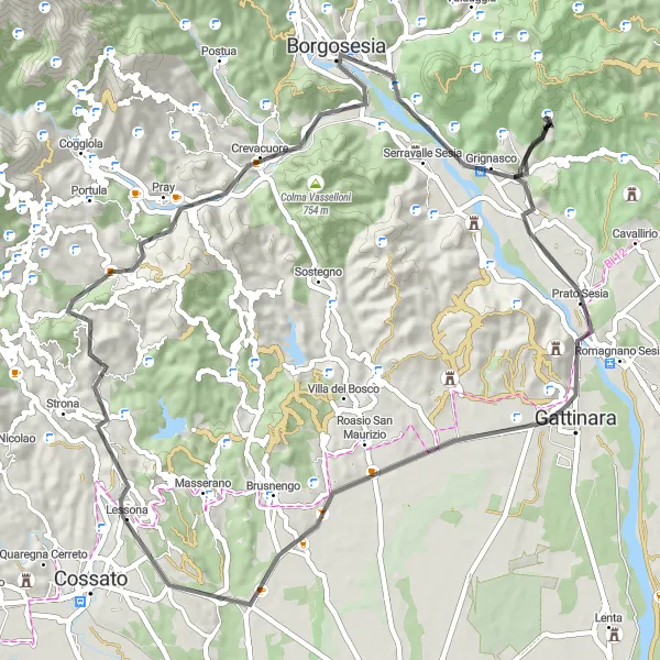 Map miniature of "Challenging Road Cycling Route to Grignasco" cycling inspiration in Piemonte, Italy. Generated by Tarmacs.app cycling route planner