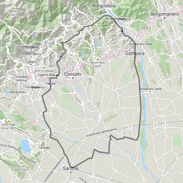 Miniaturekort af cykelinspirationen "Bakketur til Colle San Lorenzo og Serravalle Sesia" i Piemonte, Italy. Genereret af Tarmacs.app cykelruteplanlægger