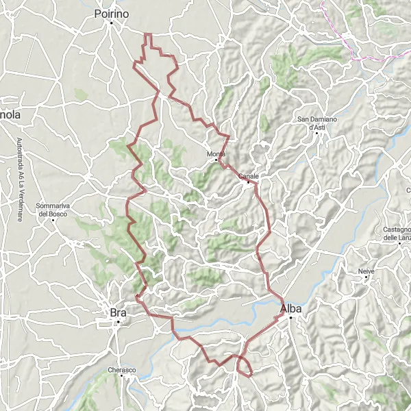 Mapa miniatúra "Trasa cez Pralormo a Albu" cyklistická inšpirácia v Piemonte, Italy. Vygenerované cyklistickým plánovačom trás Tarmacs.app