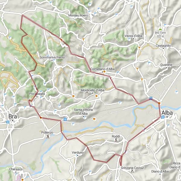 Miniaturekort af cykelinspirationen "Grusveje i Alba-regionen" i Piemonte, Italy. Genereret af Tarmacs.app cykelruteplanlægger