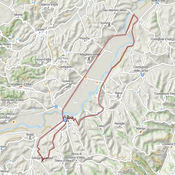 Map miniature of "Gravel Adventure from Grinzane Cavour to Alba" cycling inspiration in Piemonte, Italy. Generated by Tarmacs.app cycling route planner
