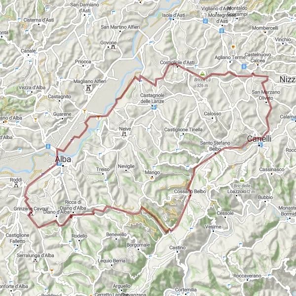 Miniature de la carte de l'inspiration cycliste "Tour de Castello di Grinzane Cavour" dans la Piemonte, Italy. Générée par le planificateur d'itinéraire cycliste Tarmacs.app