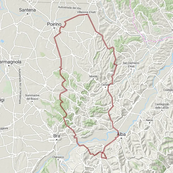 Zemljevid v pomanjšavi "Gravel kolesarska avantura okoli Grinzane Cavourja" kolesarske inspiracije v Piemonte, Italy. Generirano z načrtovalcem kolesarskih poti Tarmacs.app