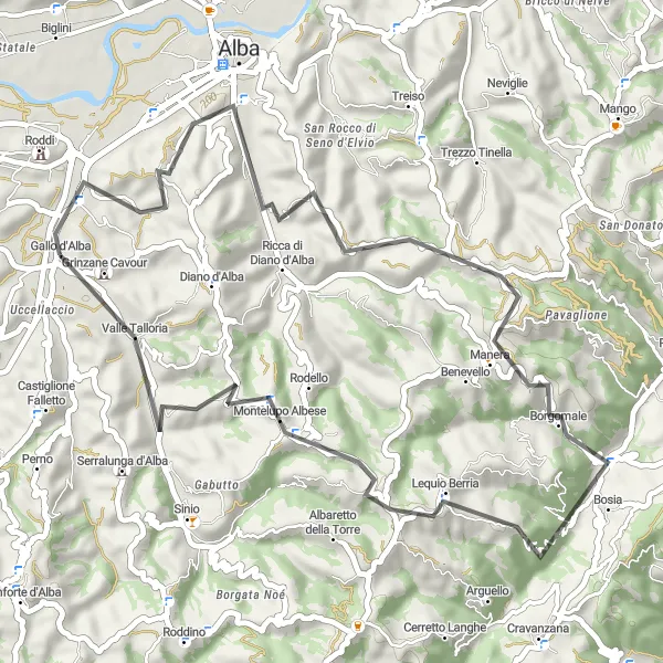 Kartminiatyr av "Panoramavyer och historiska byar runt Gallo d'Alba" cykelinspiration i Piemonte, Italy. Genererad av Tarmacs.app cykelruttplanerare