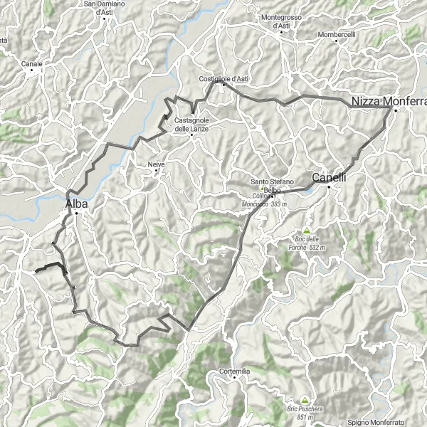 Miniatura della mappa di ispirazione al ciclismo "Percorso tra Vaccheria e Montelupo Albese" nella regione di Piemonte, Italy. Generata da Tarmacs.app, pianificatore di rotte ciclistiche