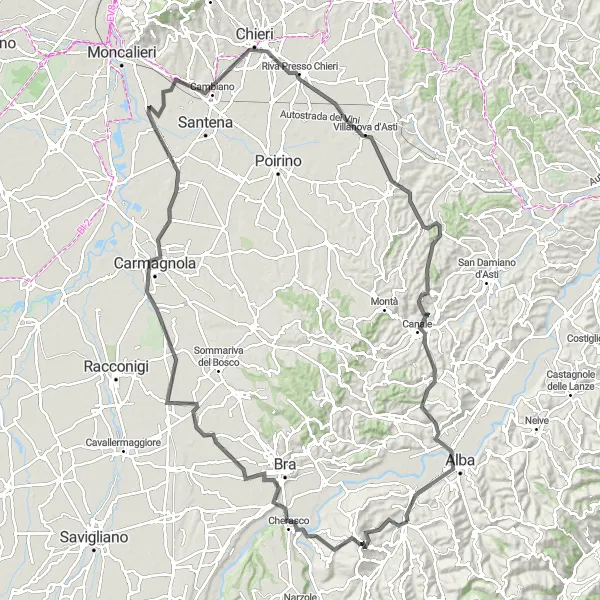 Map miniature of "Scenic Road Cycling from Grinzane Cavour to Gallo d'Alba" cycling inspiration in Piemonte, Italy. Generated by Tarmacs.app cycling route planner