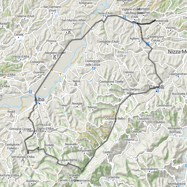 Map miniature of "Grinzane Cavour to Montelupo Albese Road Cycling Route" cycling inspiration in Piemonte, Italy. Generated by Tarmacs.app cycling route planner