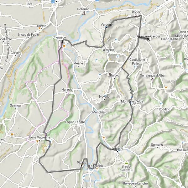 Map miniature of "Cycling through History: Grinzane Cavour to Cherasco Route" cycling inspiration in Piemonte, Italy. Generated by Tarmacs.app cycling route planner