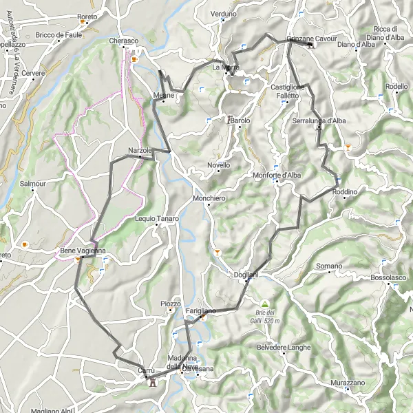 Miniatua del mapa de inspiración ciclista "Recorrido escénico por Carrù y La Morra en bicicleta de carretera" en Piemonte, Italy. Generado por Tarmacs.app planificador de rutas ciclistas