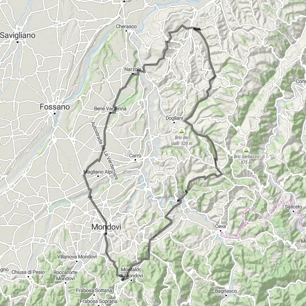 Miniaturní mapa "Cyklistická trasa s výhledy na Piemonte kolem Grinzane Cavour" inspirace pro cyklisty v oblasti Piemonte, Italy. Vytvořeno pomocí plánovače tras Tarmacs.app