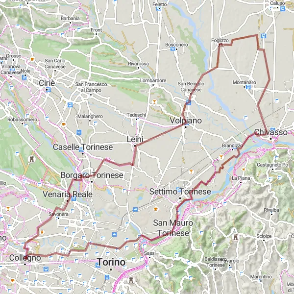 Karttaminiaatyyri "Venaria Reale-Collegno Gravel Cycling Route" pyöräilyinspiraatiosta alueella Piemonte, Italy. Luotu Tarmacs.app pyöräilyreittisuunnittelijalla