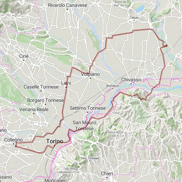 Mapa miniatúra "Gravelová cyklotrasa cez Castagneto Po a San Mauro Torinese" cyklistická inšpirácia v Piemonte, Italy. Vygenerované cyklistickým plánovačom trás Tarmacs.app