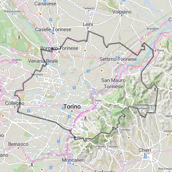 Karttaminiaatyyri "Venaria Reale ja ympäristön maaseutu" pyöräilyinspiraatiosta alueella Piemonte, Italy. Luotu Tarmacs.app pyöräilyreittisuunnittelijalla