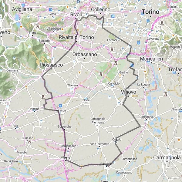 Mapa miniatúra "Cyklistická trasa cez Nichelino a Rivalta di Torino" cyklistická inšpirácia v Piemonte, Italy. Vygenerované cyklistickým plánovačom trás Tarmacs.app