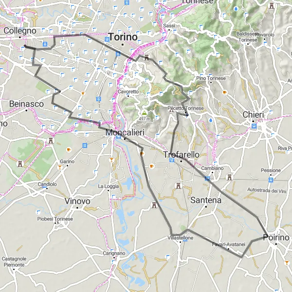 Map miniature of "Scenic Road Cycling Tour to Turin, Cambiano, and Moncalieri" cycling inspiration in Piemonte, Italy. Generated by Tarmacs.app cycling route planner