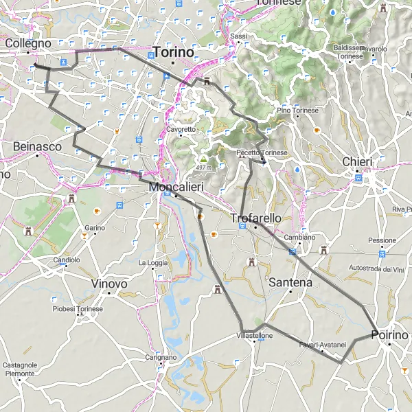 Miniatura della mappa di ispirazione al ciclismo "Il cuore verde del Piemonte tra Torino e Grugliasco" nella regione di Piemonte, Italy. Generata da Tarmacs.app, pianificatore di rotte ciclistiche