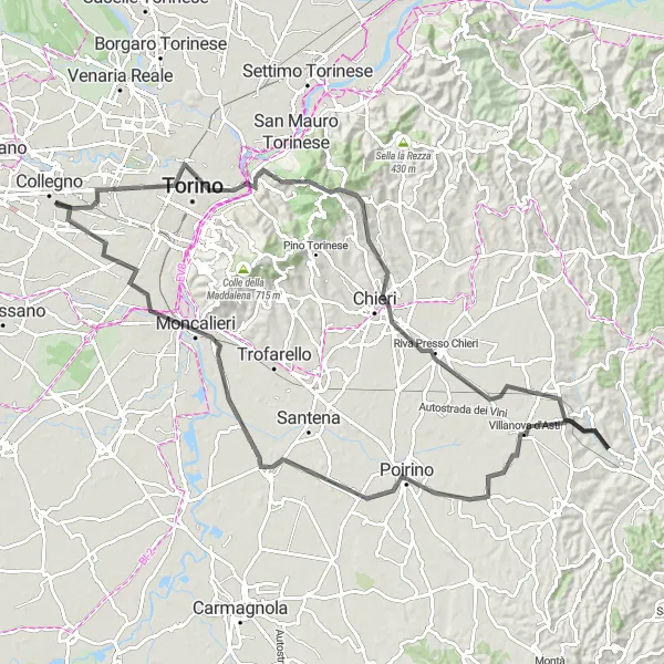Zemljevid v pomanjšavi "Zahtevna cestna tura v okolici Grugliasca" kolesarske inspiracije v Piemonte, Italy. Generirano z načrtovalcem kolesarskih poti Tarmacs.app