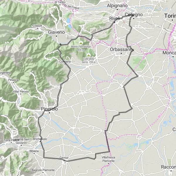 Miniaturní mapa "Jízda na kole okolo Grugliasca" inspirace pro cyklisty v oblasti Piemonte, Italy. Vytvořeno pomocí plánovače tras Tarmacs.app