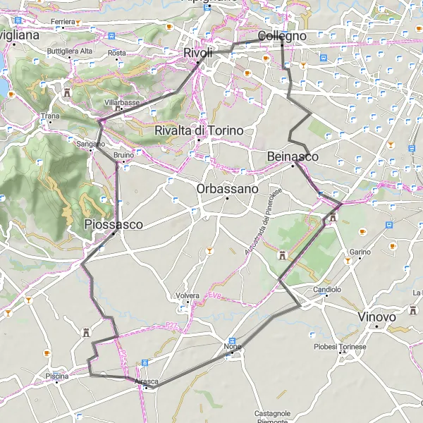 Zemljevid v pomanjšavi "Raziščite pokrajino v bližini Grugliasca" kolesarske inspiracije v Piemonte, Italy. Generirano z načrtovalcem kolesarskih poti Tarmacs.app
