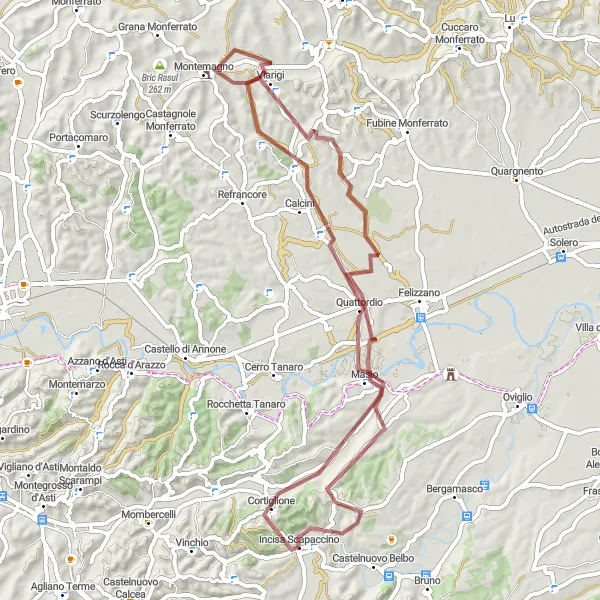 Miniatua del mapa de inspiración ciclista "Ruta de Cortiglione a Quattordio" en Piemonte, Italy. Generado por Tarmacs.app planificador de rutas ciclistas
