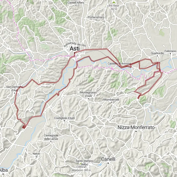 Miniaturekort af cykelinspirationen "Grusvejscykelruten til Asti" i Piemonte, Italy. Genereret af Tarmacs.app cykelruteplanlægger