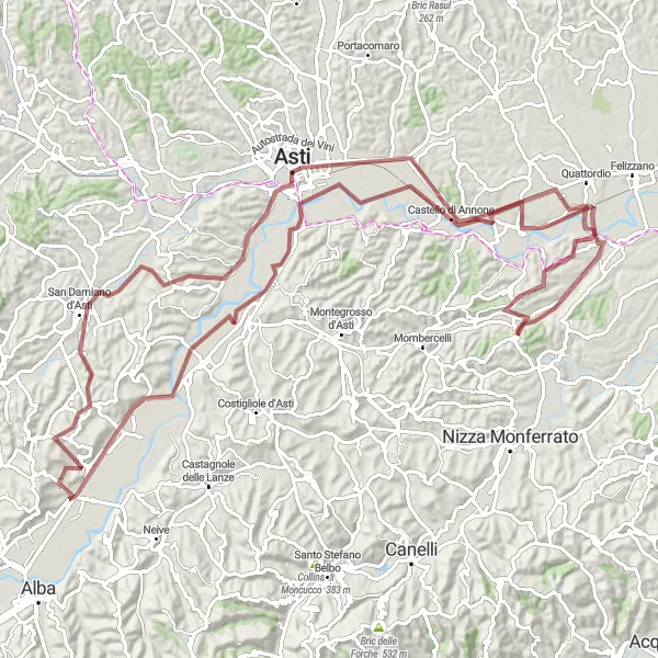 Miniatuurkaart van de fietsinspiratie "Gravel Adventure through Asti" in Piemonte, Italy. Gemaakt door de Tarmacs.app fietsrouteplanner