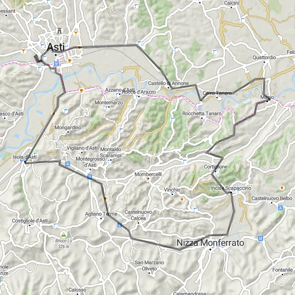 Miniature de la carte de l'inspiration cycliste "Boucle cycliste de 71 km à travers les villages pittoresques du Piémont" dans la Piemonte, Italy. Générée par le planificateur d'itinéraire cycliste Tarmacs.app