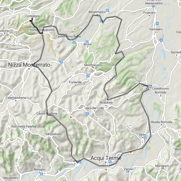 Miniaturní mapa "Zámky a historická místa v Acqui Terme" inspirace pro cyklisty v oblasti Piemonte, Italy. Vytvořeno pomocí plánovače tras Tarmacs.app