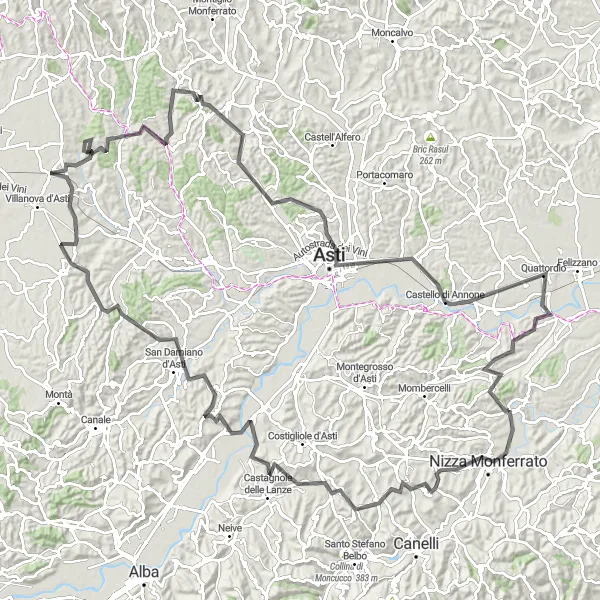 Miniature de la carte de l'inspiration cycliste "Exploration Astigiana" dans la Piemonte, Italy. Générée par le planificateur d'itinéraire cycliste Tarmacs.app