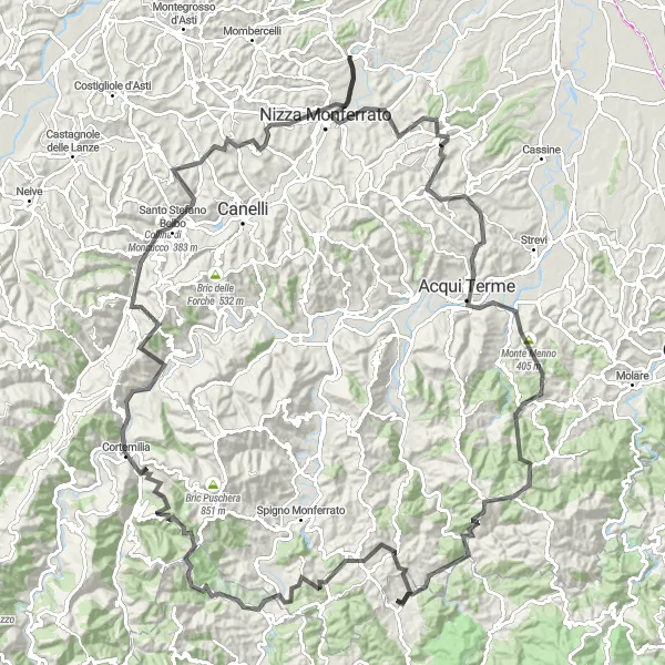Zemljevid v pomanjšavi "Kolesarska avantura v bližini Acqui Terme" kolesarske inspiracije v Piemonte, Italy. Generirano z načrtovalcem kolesarskih poti Tarmacs.app