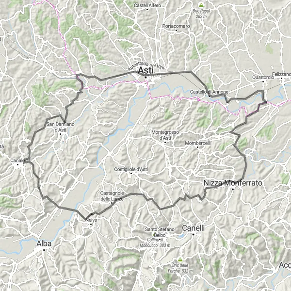 Map miniature of "Road Cycling to Asti and Beyond" cycling inspiration in Piemonte, Italy. Generated by Tarmacs.app cycling route planner
