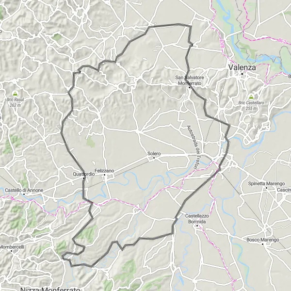 Miniatua del mapa de inspiración ciclista "Ruta por los pueblos de Monferrato" en Piemonte, Italy. Generado por Tarmacs.app planificador de rutas ciclistas