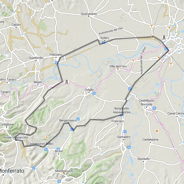 Miniatua del mapa de inspiración ciclista "Explorando castillos y viñedos" en Piemonte, Italy. Generado por Tarmacs.app planificador de rutas ciclistas