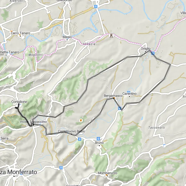 Miniaturní mapa "Okruh cyklotrasy Incisa Scapaccino - Oviglio - Castelnuovo Belbo" inspirace pro cyklisty v oblasti Piemonte, Italy. Vytvořeno pomocí plánovače tras Tarmacs.app